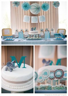 a collage of photos with blue and white items on it, including cake, napkins, and paper decorations