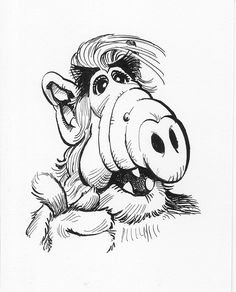 a black and white drawing of a pig with its head turned to look like he's smiling