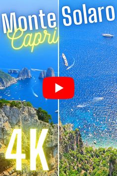 an aerial view of the ocean and mountains with text that reads monte soaro capri 4k