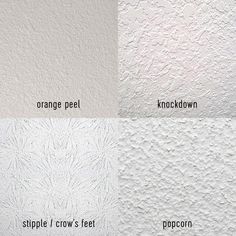 three different colors of paint on a wall with the words orange peel, purple crow's feet and popcorn