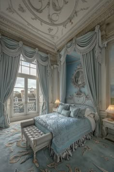 an ornate bedroom with blue walls and curtains