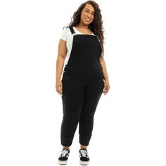 Whats not to love about an easy pair of overalls? Instant fun. Pair A3 Denim's Women's Plus Size Stretch Denim Overalls with your favorite graphic tee and sneakers. Features two front pockets and two back pockets for added functionality, adjustable shoulder straps that form to a classic racerback. Relaxed fit straight leg bottom to support comfortability from day to night. Size: 20W.  Color: Black.  Gender: female.  Age Group: adult. Plus Size Overalls Outfit, Construction Outfit, Womens Denim Overalls, Black Denim Overalls, Overall Outfit, Overalls Outfit, Black Flare, Jeans Material, Denim Overalls