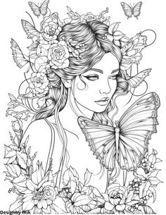 a girl with flowers and butterflies in her hair