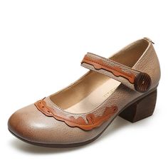 • Upper Material: Genuine Leather• Toe Shape: Round Toe• Season: Summer• Outsole Material: Rubber• Lining Material: Polyurethane• Heel Type: Square Heel• Fit: Fits true to size, take your normal size• Closure Type: Hook & Loop• Heel Height: 2 in• Platform Height: 0 / 1.18 in • Weight: 7 oz• Item # B218• Width Options: B - Medium• Import Product• Shipping Worldwide Vintage Style Heels, Womens Pumps, Retro Shoes, Thick Heel, Shoes Comfortable, Pumps Shoes, Genuine Leather Shoes, Womens Shoes High Heels, Leather Mary Janes