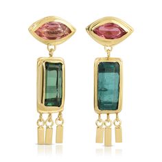 DETAILS Made to Order | Ships in 4-6 weeks The eye, symbol of clarity, intuition, and protection, is evoked in the Dangle Earrings. Adorned with marquis-cut pink tourmaline and London blue topaz, these earrings have been designed to sway, allowing the golden droplets to catch and reflect beams of sunlight. Sold as a pair STONES Tourmaline & topaz MATERIALS Yellow Gold - 14K DESIGNED & HANDCRAFTED IN LOS ANGELES, CALIFORNIA Tourmaline Drop Earrings, Eye Symbol, Golden Eyes, Tourmaline Earrings, Evil Eye Jewelry, Eye Jewelry, London Blue Topaz, London Blue, Green Tourmaline