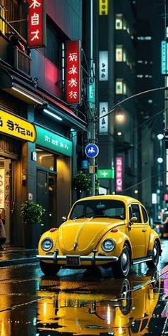 a yellow car parked on the side of a wet street in front of tall buildings