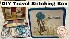 an open suitcase with scissors and other items in it next to the words diy travel stitching box