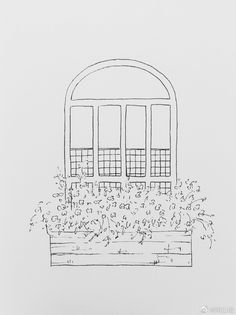 a black and white drawing of an open window with flowers in the planter below