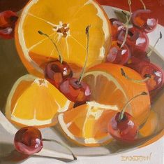 a painting of oranges and cherries on a plate