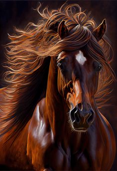 a painting of a brown horse with long hair