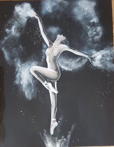 a painting of a woman dancing in the air with clouds and stars around her body