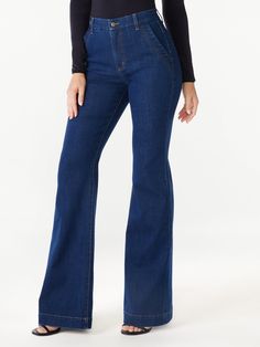 Sofia Jeans Women’s Flare Trouser High-Rise Jeans, 30.5” inseam - Walmart.com Faux Fur Trim Coat, Womens Flare Jeans, Sweet Jeans, High Rise Bootcut Jeans, Womens Jeans Bootcut, Girlfriend Jeans, Sofia Vergara, Curvy Jeans, Flare Trousers