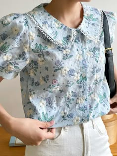 Baby Blue Cute Collar Short Sleeve Polyester Floral,All Over Print Shirt Embellished Non-Stretch  Women Tops, Blouses & Tee Vintage Floral Blouse, Puff Sleeve Shirt, Fashion Top Outfits, Blouse Sale, Cute Blouses, Puff Sleeve Blouse, Yellow Fashion, Pan Collar, Peter Pan Collar