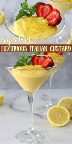 two martini glasses filled with lemon custard and topped with fresh strawberries