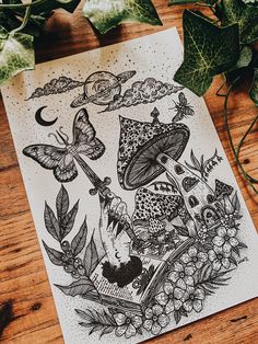 an ink drawing on paper with flowers and butterflies in the background, surrounded by greenery