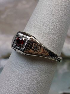 Garnet Ring/ Solid Sterling Silver/ Antique Art Deco Wedding Red Garnet Sterling Silver Filigree [Made To Order] Design#155 Wedding Rings Unique Vintage, Garnet Wedding Rings, Filigree Wedding Ring, Garnet Wedding, Mothersday Gift, Wedding Red, Gemstone Art, Order Design, Garnet Gem