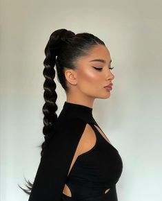 Black Sleek Hair, Kylie Jenner Braid Ponytail, Braided Ponytail Photoshoot, Long Braided Ponytail Photoshoot, Editorial Ponytail Hairstyles, Long Braids Editorial, Thanksgiving Hairstyles, Fav Hairstyles, Imvu Outfits