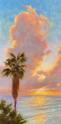 Beautiful Southern California sunset at Swami's Beach in Encinitas. Huge sunlit clouds and reflections on the water. Pismo Beach California, Road Painting, Encinitas California, Oil Painting For Beginners, Tropical Painting, California Coastline, I Am Lucky, California Mountains, California Sunset