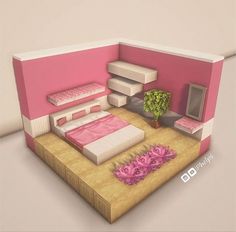 a bedroom with pink walls and furniture in the corner, including a bed that is made out of cardboard