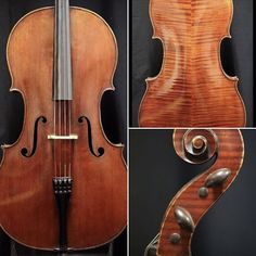 four different views of an old violin and its case, including the back side with two strings