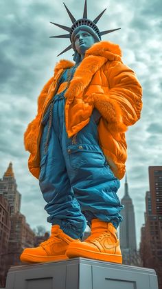 the statue of liberty is dressed in an orange and blue outfit with fur on it