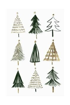 christmas trees are drawn in different colors and sizes