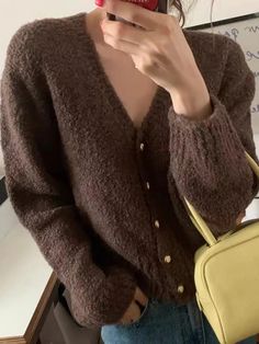 Size Shoulder:26-46cm            Bust:68-96cm                 Length:47cm          Sleeve Length:54cm Size mearsured by ourselves, sometimes has some errors, but always within 3cm. "- ": refers to the elastic range of the clothes. Korean Tops, Winter Knitwear, Coffee Sweater, Exclusive Clothing, Female Clothing, Estilo Chic, Sweater Collection, V Neck Cardigan, Cashmere Cardigan