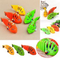 several different types of plastic fish in various colors and sizes, including orange, yellow, green, blue, and red