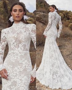 a woman in a white wedding dress with long sleeves and an open back is posing for the camera