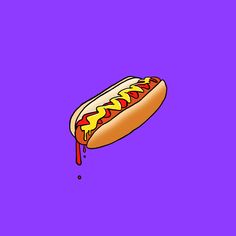 a hot dog with mustard and ketchup dripping from it's bun on a purple background