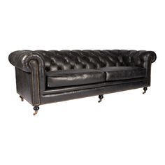 Capturing the bold elements of traditional design, the Birmingham Sofa adds a sophistication to your living space with the deep charcoal in its top-grain leather. Strong details are apparent in the chesterfields tufted back, rolled arms, and meticulously placed brass detailing. Pairs nicely with an Old Fashioned. Black Chesterfield Sofa, Brown Leather Chesterfield Sofa, Leather Chesterfield Sofa, Black Leather Sofas, Plywood Frame, Leather Chesterfield, Leather Roll, Black Retro, Sofa Styling