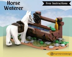 a lego horse that is standing next to a water trough with the words free instructions