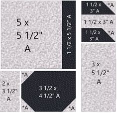 four different sizes of fabric with numbers and measurements for each piece in the quilt pattern