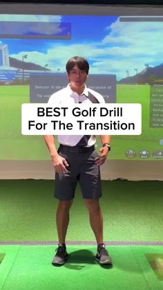 a man standing in front of a screen with the words best golf drill for the transition