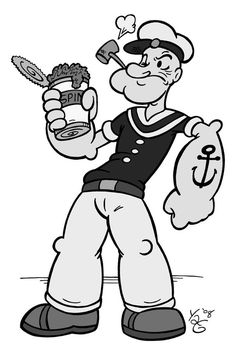 an old cartoon character holding a can of soda and a fish in it's hand