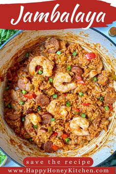 the recipe for jambaalaya is in a skillet with shrimp and sausage