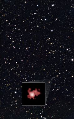 an image of some stars in the sky with a red object on it's left side