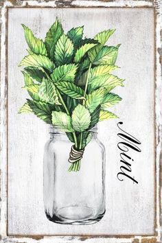 a painting of green leaves in a mason jar with the word love written below it