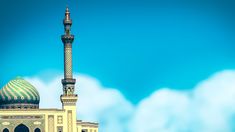 a tall building with a green and white dome on it's side against a blue sky