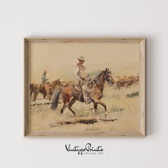 a painting of cowboys riding horses in the wild