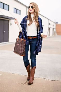 Navy Plaid Wrap By Lonestar Southern Fall Cowgirl Boots Outfit, Sophisticated Country Outfits, Cowgirl Chic Outfits Winter, Outfit Ideas With Cowboy Boots For Women, Cowboy Boot Winter Outfit, Outfits For Cowgirl Boots, Cowboy Boot Outfits Fall, How To Style Cowboy Boots Women, Western Boots Outfit Winter