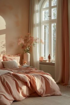 a bed with pink sheets and pillows in front of a large window next to a vase filled with flowers