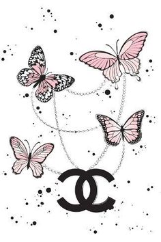 some pink butterflies flying around a chanel logo