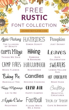 a poster with the words free rustic font collection on it's front and back