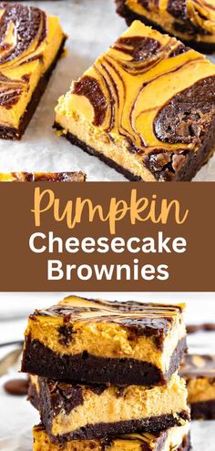 pumpkin cheesecake brownies stacked on top of each other with the title in the middle