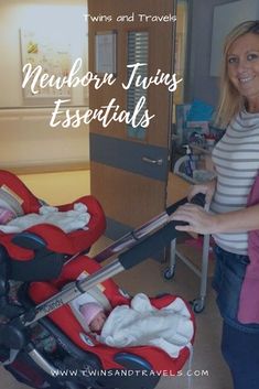 a woman standing next to a baby in a stroller with the words newborn twins essentials