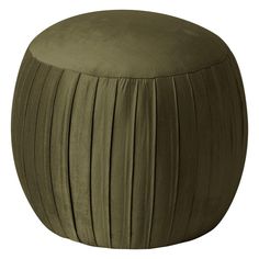 a large round ottoman with pleated fabric on the top and bottom, in olive green