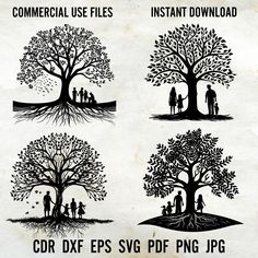 family tree silhouettes in different styles and sizes with the words, commercial use files instant download