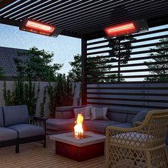 a fire pit sitting on top of a wooden deck