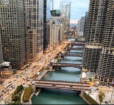 an aerial view of the chicago river and bridge